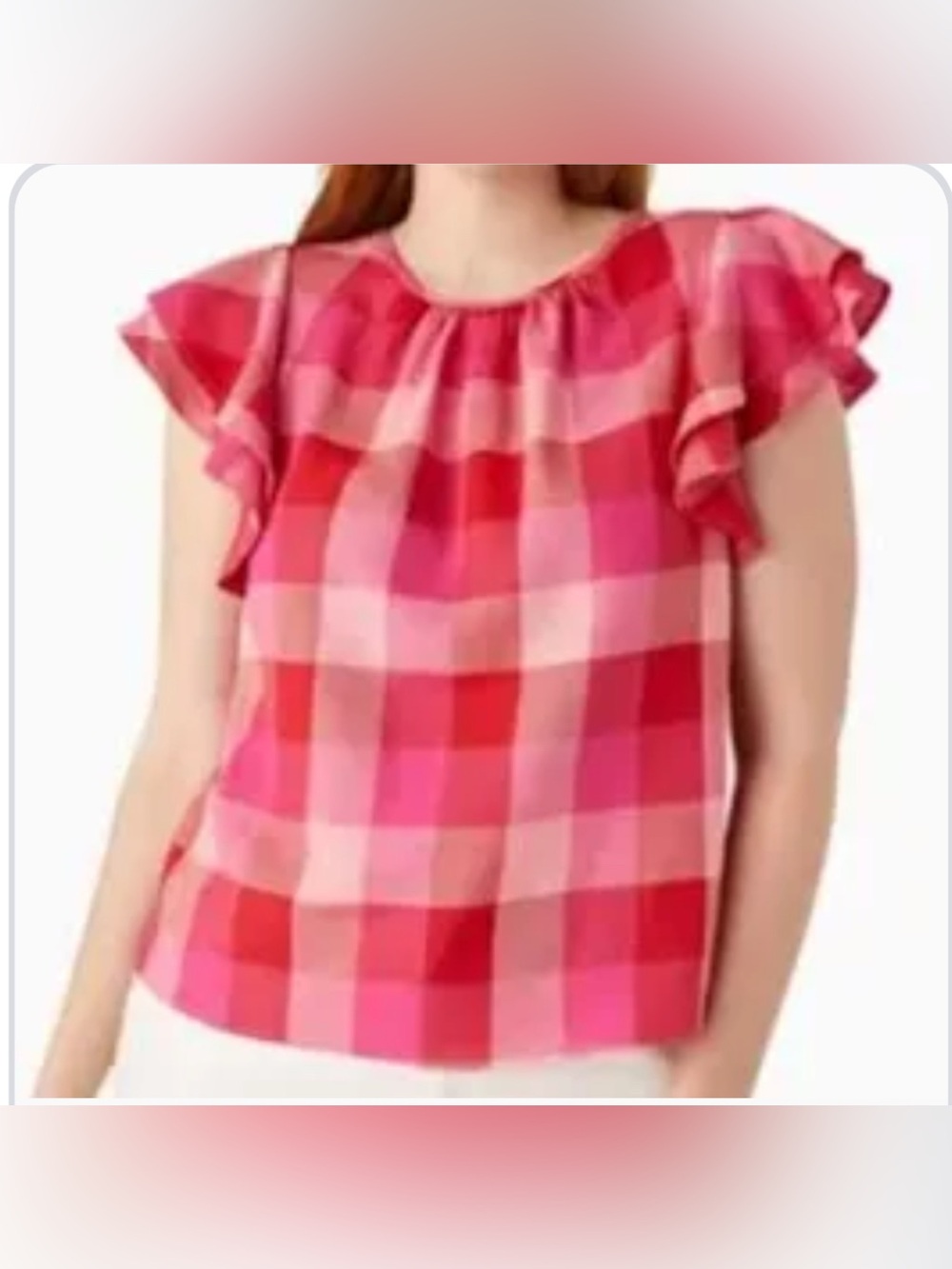 Kate Spade Linen Blend Pink & Red Checked Ruffle Sleeve Top, size Small
